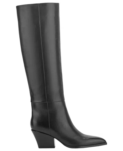 Marc Fisher Ltd Tarrie Stacked Heel Leather Knee-high Boots In Black