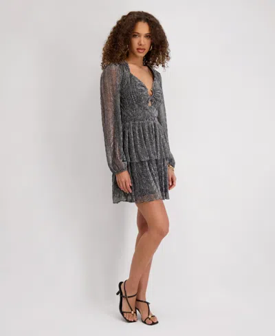 Siena Women's V-neck Textured Metallic Knit Dress In Gray