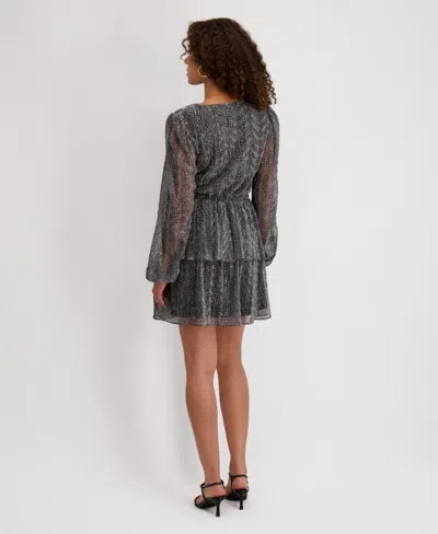 Siena Women's V-neck Textured Metallic Knit Dress In Gray