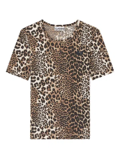Ganni Soft Cotton Rib Short Sleeve T-shirt Leopard In Brown