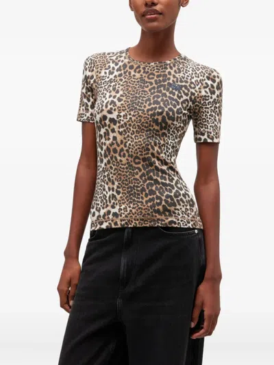 Ganni Soft Cotton Rib Short Sleeve T-shirt Leopard In Brown