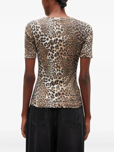 Ganni Soft Cotton Rib Short Sleeve T-shirt Leopard In Brown