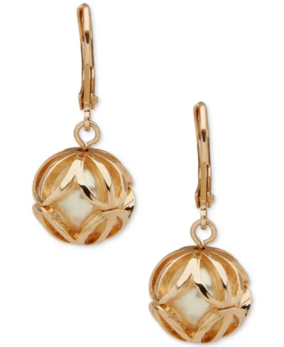 Anne Klein Imitation Pearl Caged Linear Drop Earrings In Gold