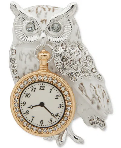 Anne Klein Mother-of-pearl Owl With Clock Pin In Metallic