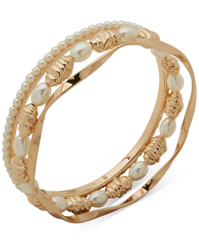 Anne Klein 3-pc. Imitation Pearl Gold-tone Texture Bangle Set In Gold