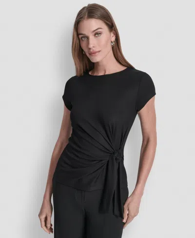 Dkny Women's Short Sleeve Rib Knit Waist Tie Detail Top In Black
