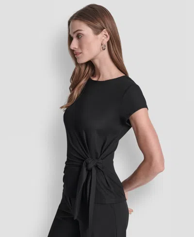 Dkny Women's Short Sleeve Rib Knit Waist Tie Detail Top In Black