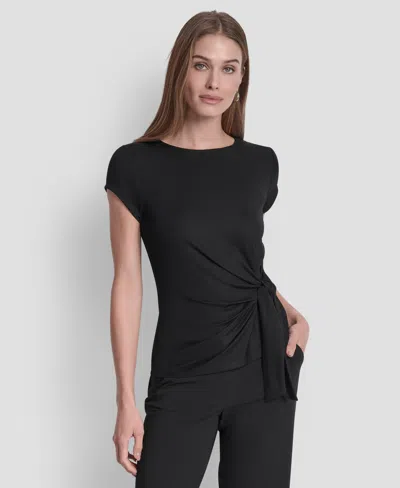Dkny Women's Short Sleeve Rib Knit Waist Tie Detail Top In Black