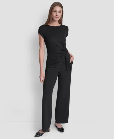 Dkny Women's Short Sleeve Rib Knit Waist Tie Detail Top In Black