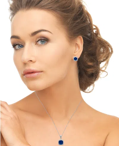 Macy's 2-piece Set Lab Grown White Opal (2 Ct. T.w.) And Sapphire (5 Ct. T.w.) Cushion Halo Pendant Necklac In Metallic