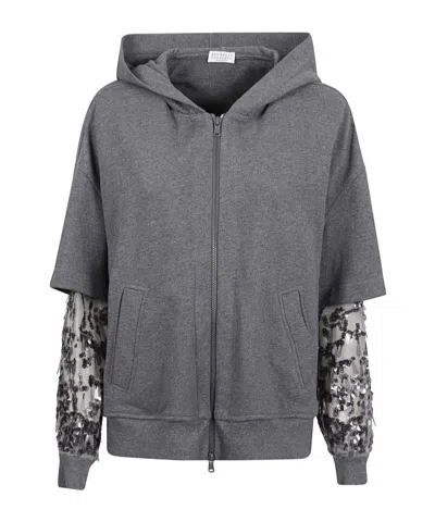 Brunello Cucinelli Hooded Zip Jacket With Sheer Sequined Raindrop Sleeves In Gray