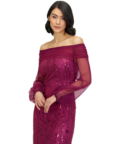 Js Collections Savannah Embellished Off The Shoulder Long Sleeve Chiffon Column Gown In Purple