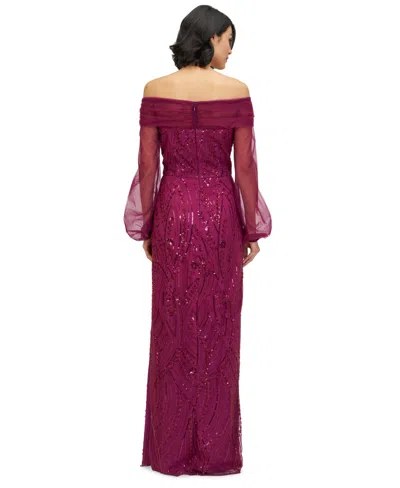 Js Collections Savannah Embellished Off The Shoulder Long Sleeve Chiffon Column Gown In Purple