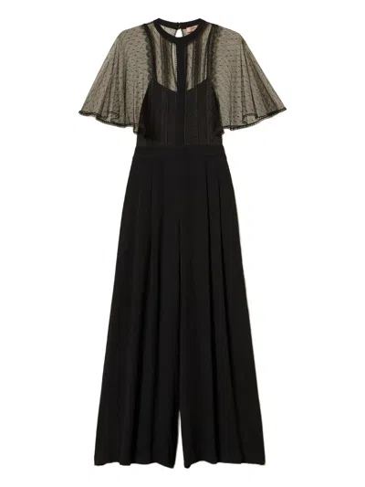 Twinset Tulle Wide-leg Jumpuit In Black