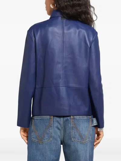 Ferragamo Leather-long Jachet In Blue