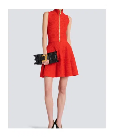 Balmain Textured High Neck Sleeveless Top In Red