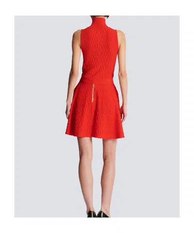 Balmain Textured High Neck Sleeveless Top In Red