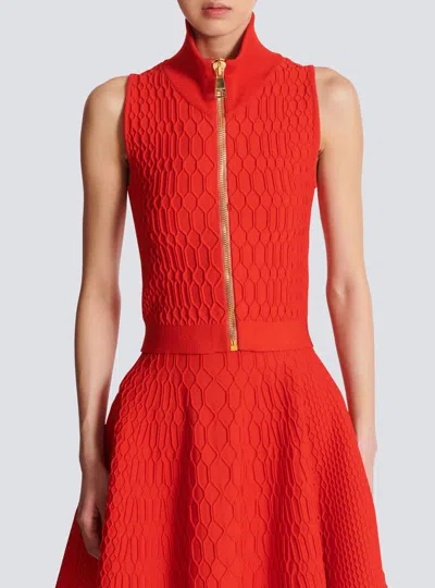 Balmain Textured High Neck Sleeveless Top In Red