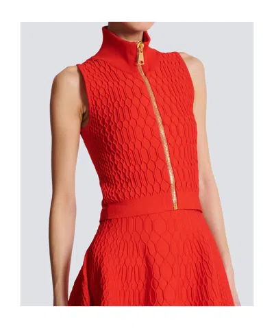 Balmain Textured High Neck Sleeveless Top In Red