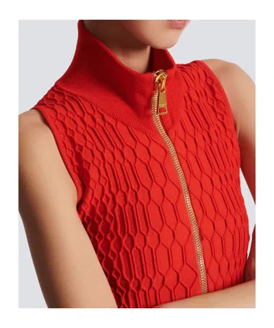 Balmain Textured High Neck Sleeveless Top In Red