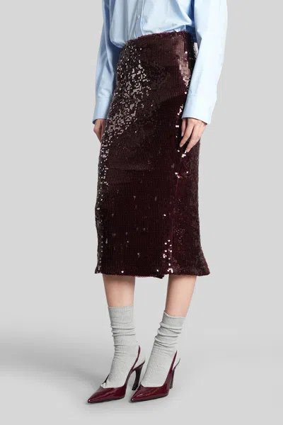 Rotate Birger Christensen Burgundy Midi Skirt With Sequined Finish In Burgundy