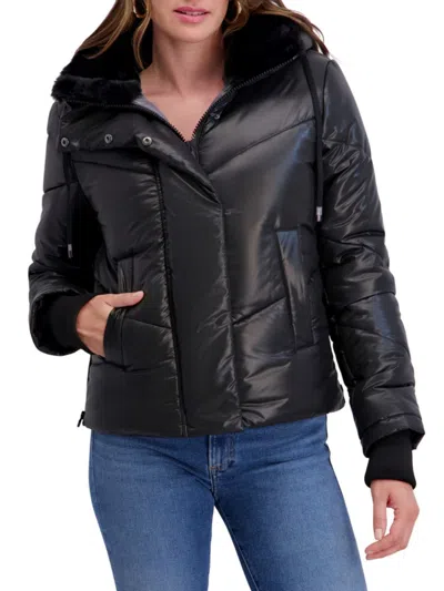 Kensie Women's Cire Faux-fur Trimmed Hooded Puffer Jacket In Black