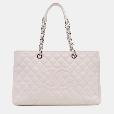 Pre-owned Chanel White Caviar Grand Shopping Tote Xl