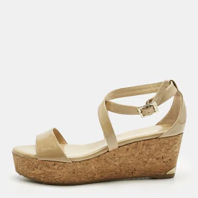Pre-owned Jimmy Choo Beige Patent Leather Cork Wedge Cross Strap Sandals Size 40