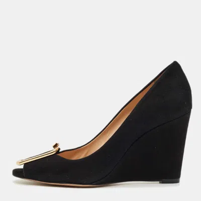 Pre-owned Tory Burch Black Suede Peep Toe Wedge Pumps Size 40