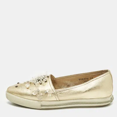 Pre-owned Miu Miu Gold Leatherembellish Pointed Toe Slip On Sneakers Size 36
