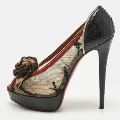 Pre-owned Christian Louboutin Multicolor Lace And Python Leather Calf Hair Bow Peep Toe Platform Pumps Size 38.5