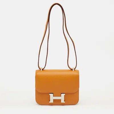 Pre-owned Hermes Abricot/rouge Evercolor Leather Palladium Finish Constance 18 Mini Bag In Orange