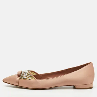 Pre-owned Miu Miu Beige Satin Bow Crystal Embellished Pointed Toe Ballet Flats Size 38.5 In Sand