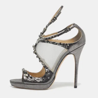 Pre-owned Jimmy Choo Silver Leather And Mesh Crystal Embellished Viola Sandals Size 38
