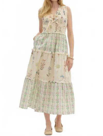 Entro Floral Print Ruffle Accent Tiered Sleeveless Maxi Dress In Cream In Multi