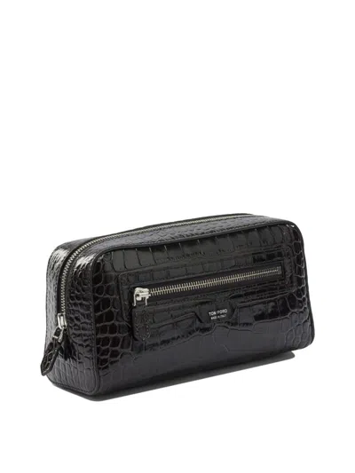 Tom Ford Rectangular Leather Beauty Case With Crocodile Texture In Brown