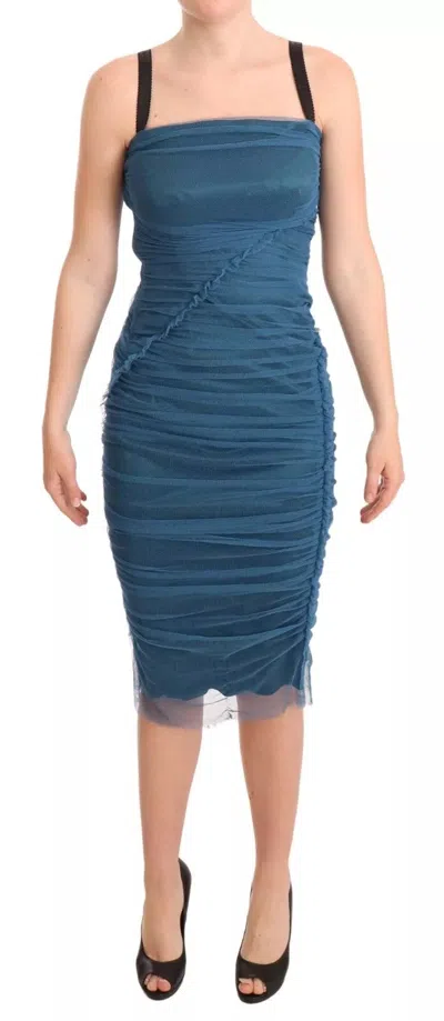 Pre-owned Dolce & Gabbana Blue Mesh Trim Ruched Tulle Sheath Women's Dress ()