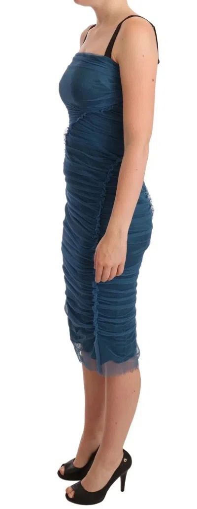 Pre-owned Dolce & Gabbana Blue Mesh Trim Ruched Tulle Sheath Women's Dress ()