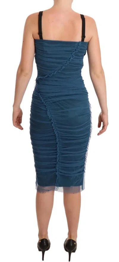 Pre-owned Dolce & Gabbana Blue Mesh Trim Ruched Tulle Sheath Women's Dress ()