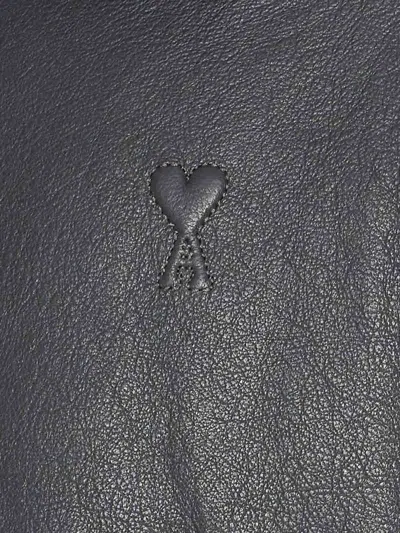 Ami Alexandre Mattiussi Leather Bomber Jacket Shearling Collar In Gray