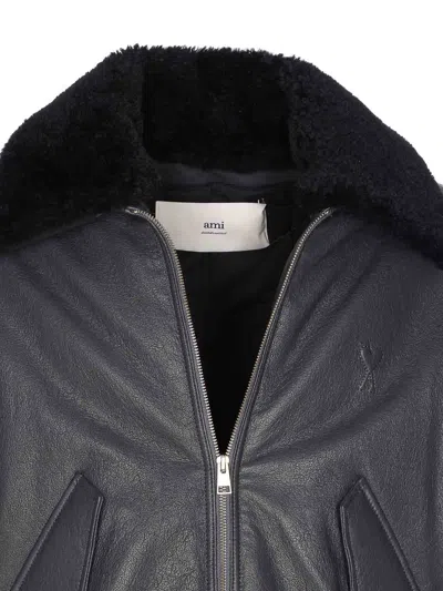 Ami Alexandre Mattiussi Leather Bomber Jacket Shearling Collar In Gray