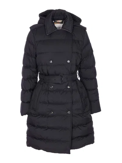 Burberry Quilted Hooded Double-breasted Belted Jacket In Black