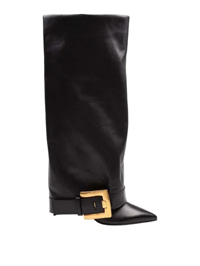 Balmain Anthem Black Slip-on Boots With Decorative Metal Buckle In Leather Woman In Black