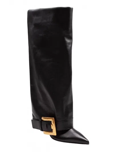 Balmain Anthem Black Slip-on Boots With Decorative Metal Buckle In Leather Woman In Black