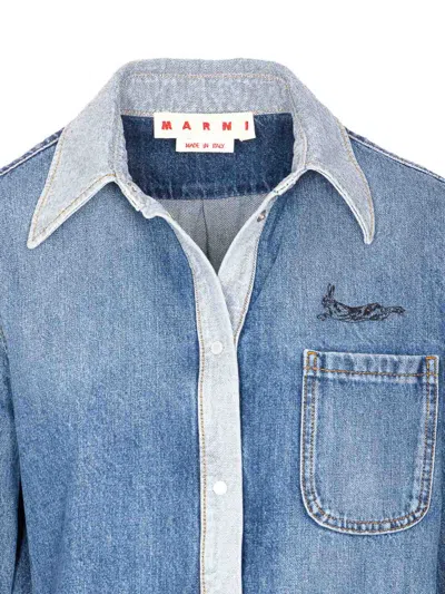 Marni Denim Shirt With Embroidered Floral Motifs In Blue