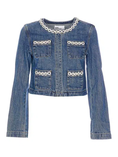 Self-portrait Cropped Denim Jacket With Crystal Chain Trims In Blue
