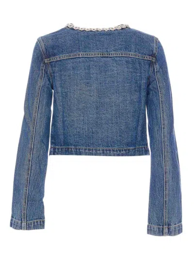 Self-portrait Cropped Denim Jacket With Crystal Chain Trims In Blue