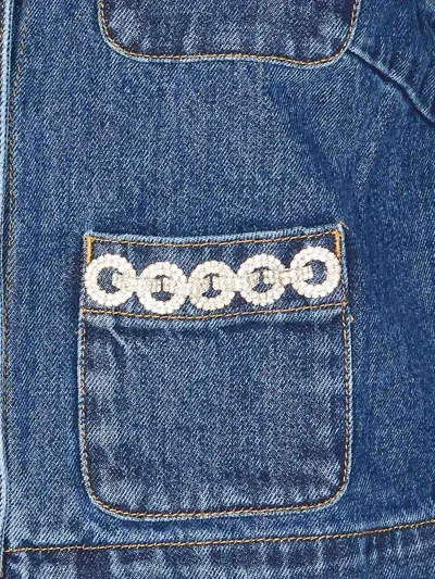 Self-portrait Cropped Denim Jacket With Crystal Chain Trims In Blue