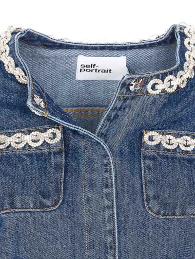 Self-portrait Cropped Denim Jacket With Crystal Chain Trims In Blue