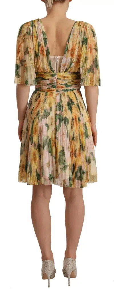 Dolce & Gabbana Yellow Floral Print Pleated Maxi Dress In Yellow